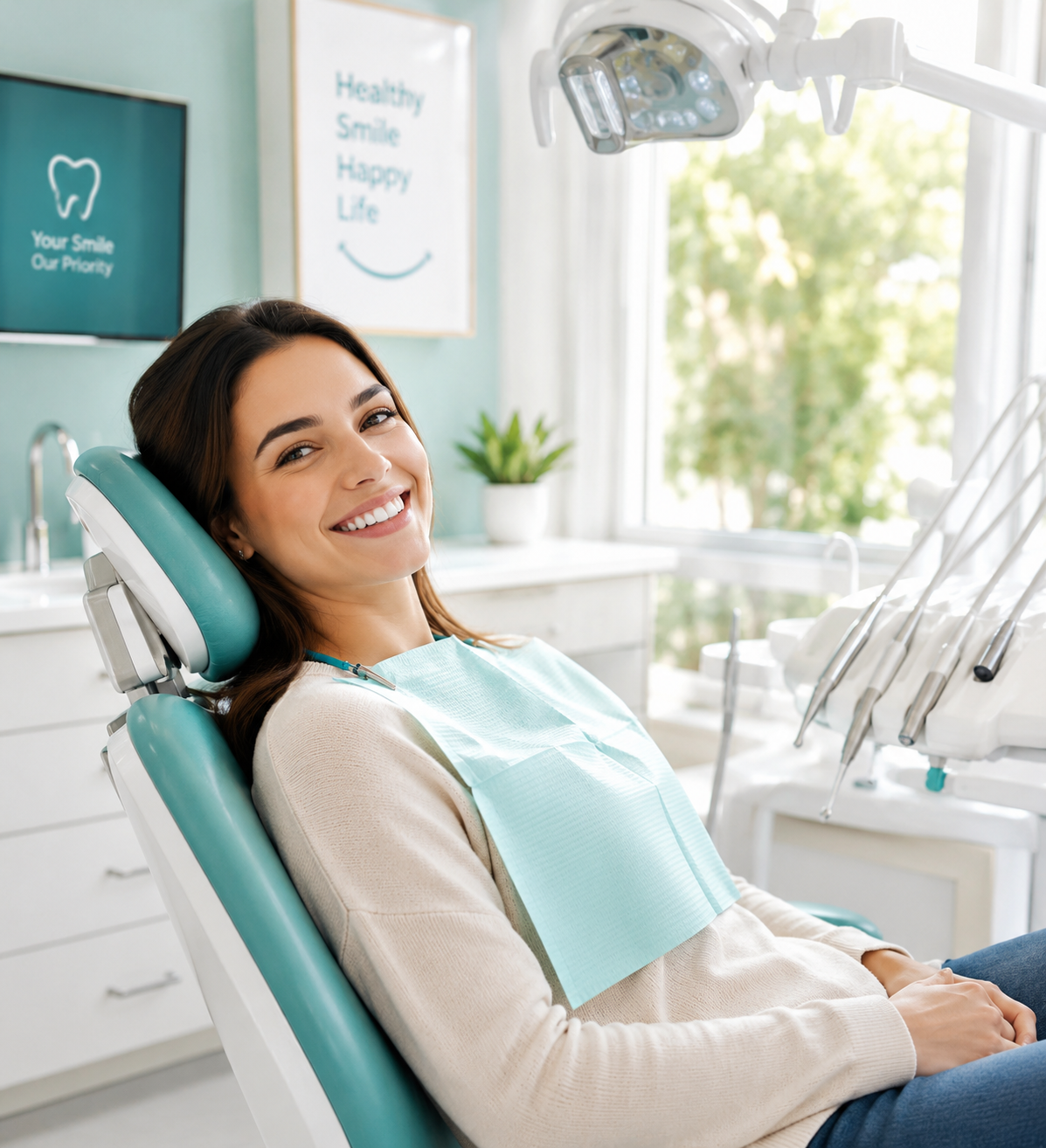 Patiente souriante dans une clinique dentaire moderne